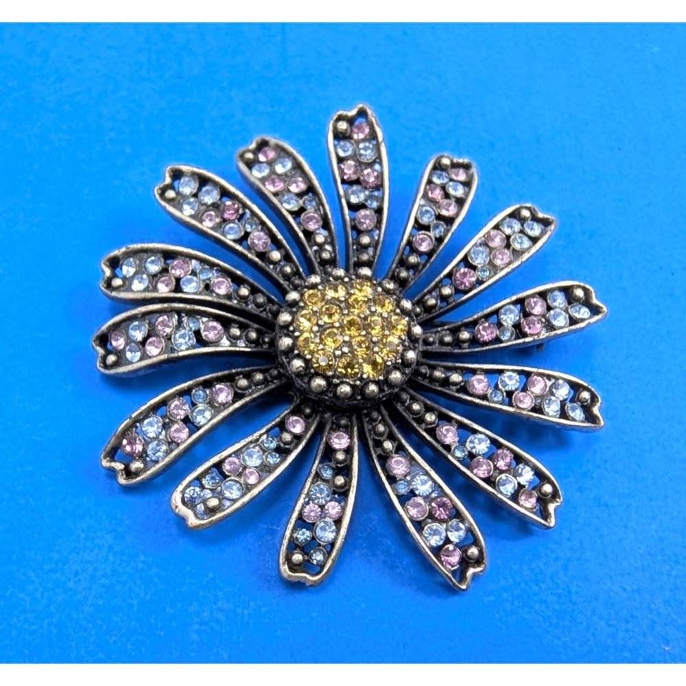 Vintage 60s Hobe Blue Gold Rhinestone Silver Tone Flower Power Boho Brooch 2.5"